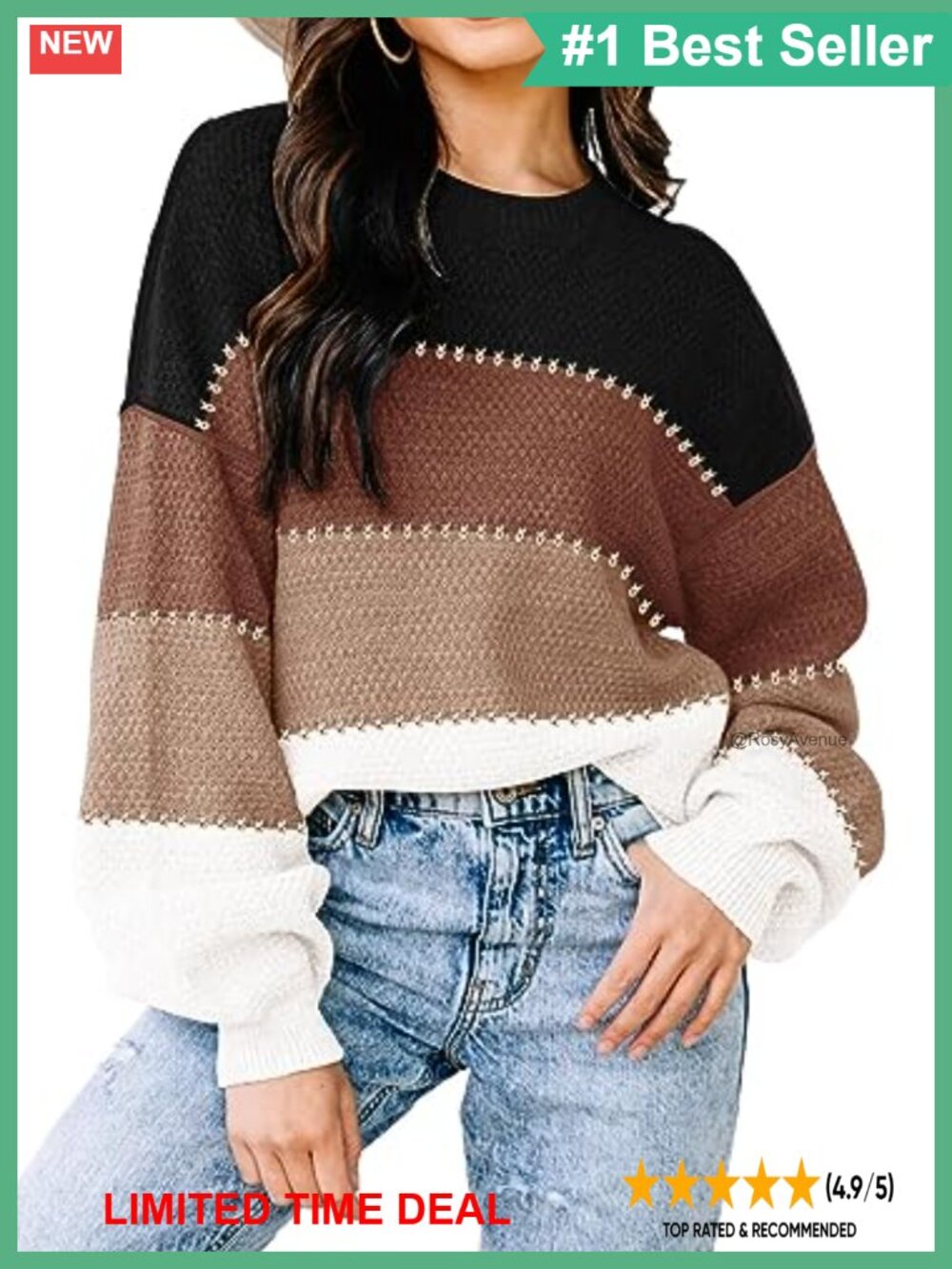 Womens Oversized Color Block Pullover Sweater Batwing Sleeve Knit Tunic Top